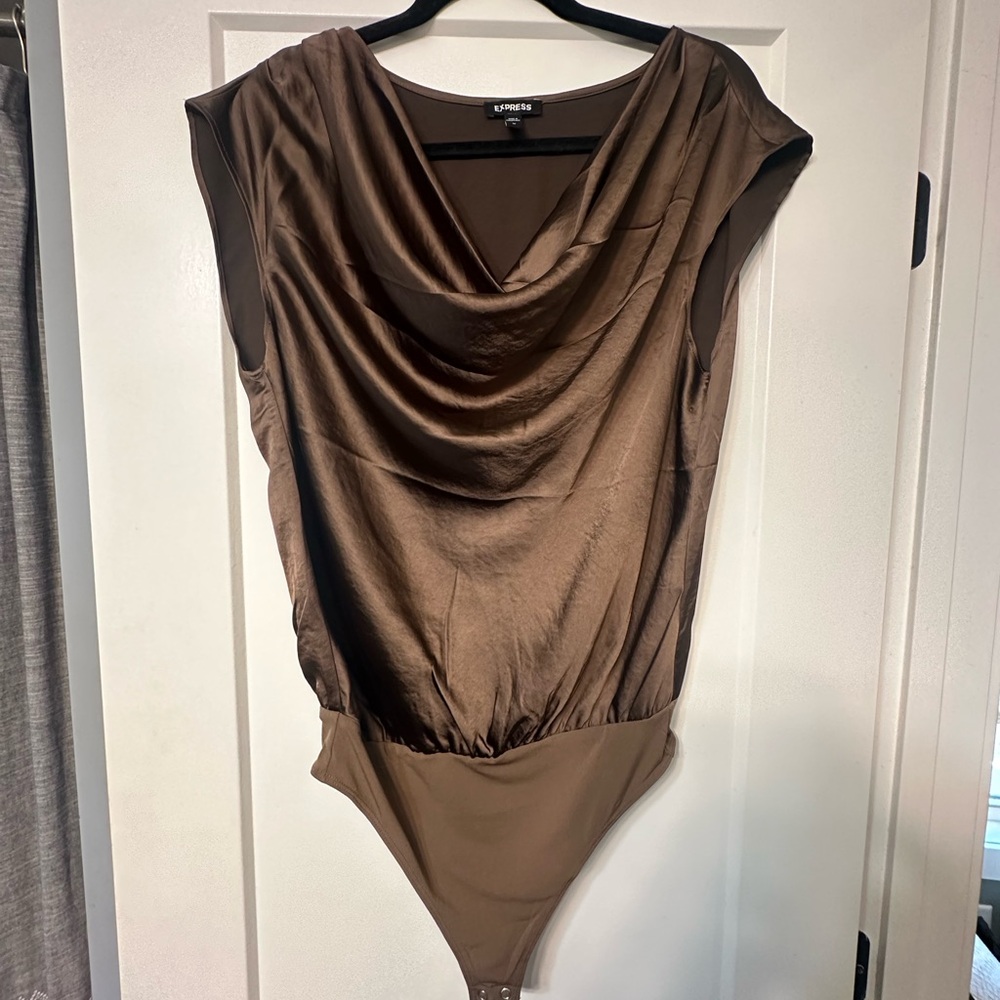 Express satin Brown Drape Neck Bodysuit